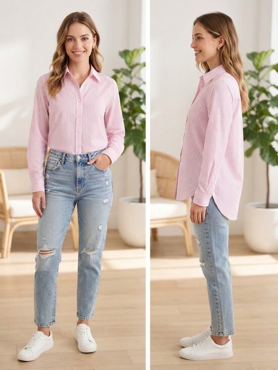 Unbranded Tops - Unbranded Pink White Strpes Button Down Long Sleeves Women's Polo Shirt Sz L NEW